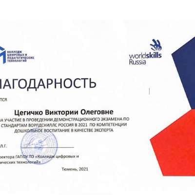Благодарность за участие в проведении демонстрационного экзамена по стандартам ВорлдСкиллс Россия в 2021 по компетенции Дошкольное воспитание в качестве эксперта